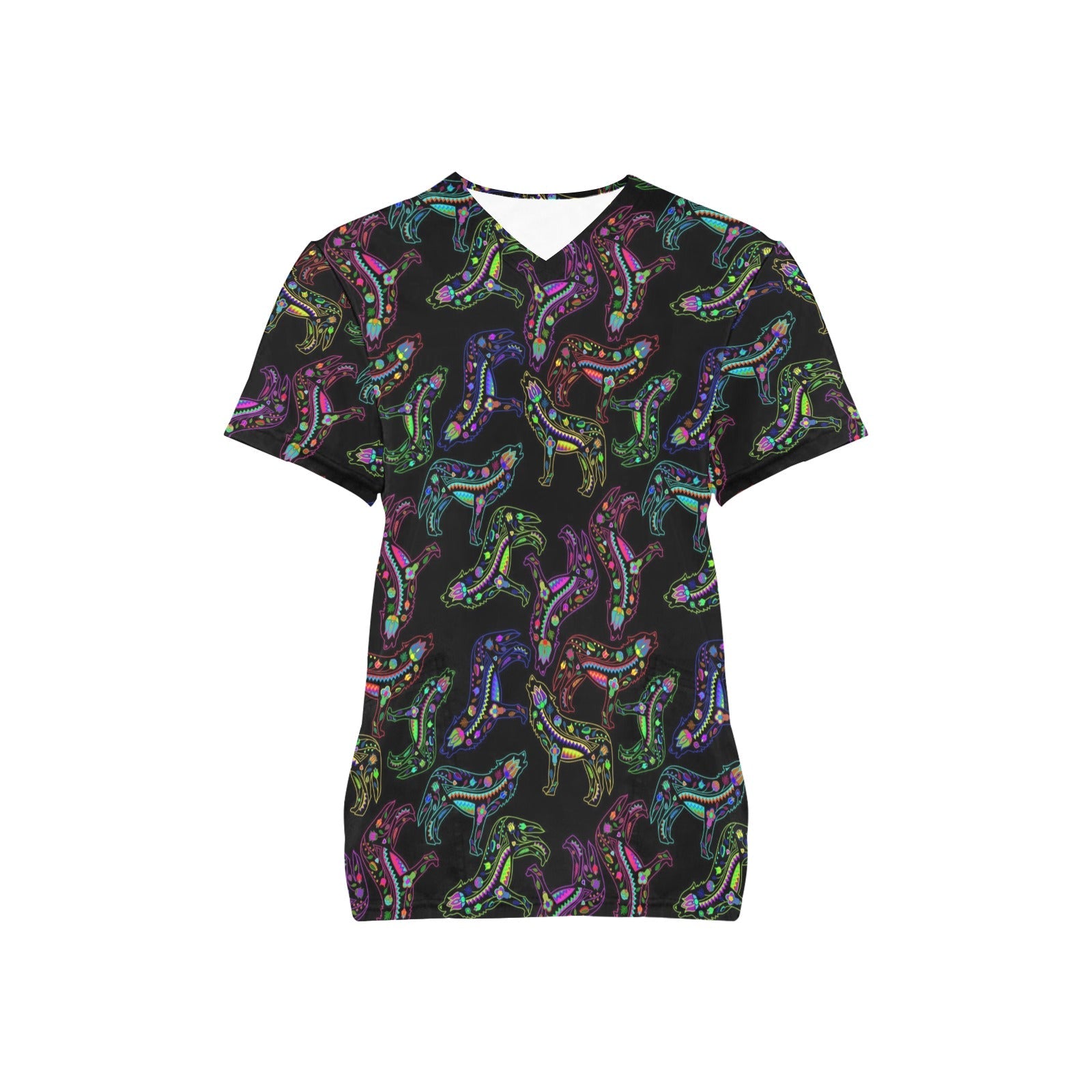 Neon Floral Wolves All Over Print Scrub Top Scrub Top e-joyer