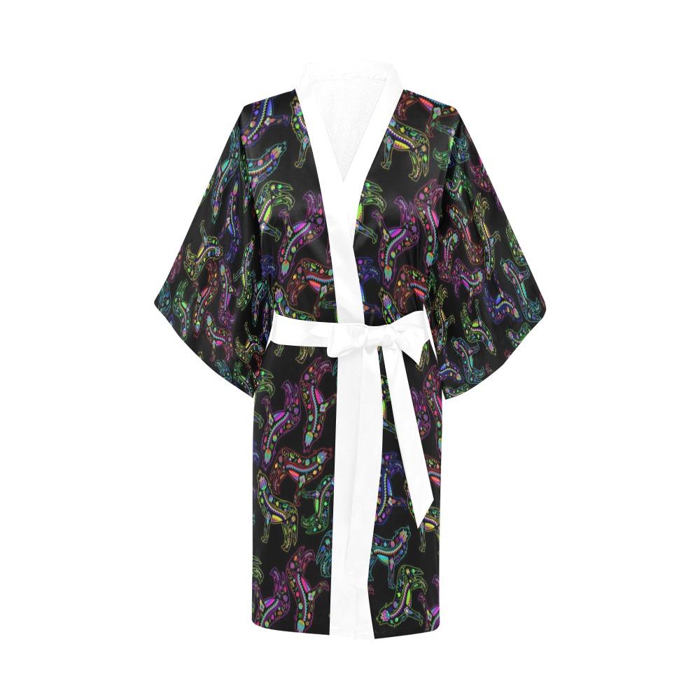 Neon Floral Wolves Kimono Robe Artsadd