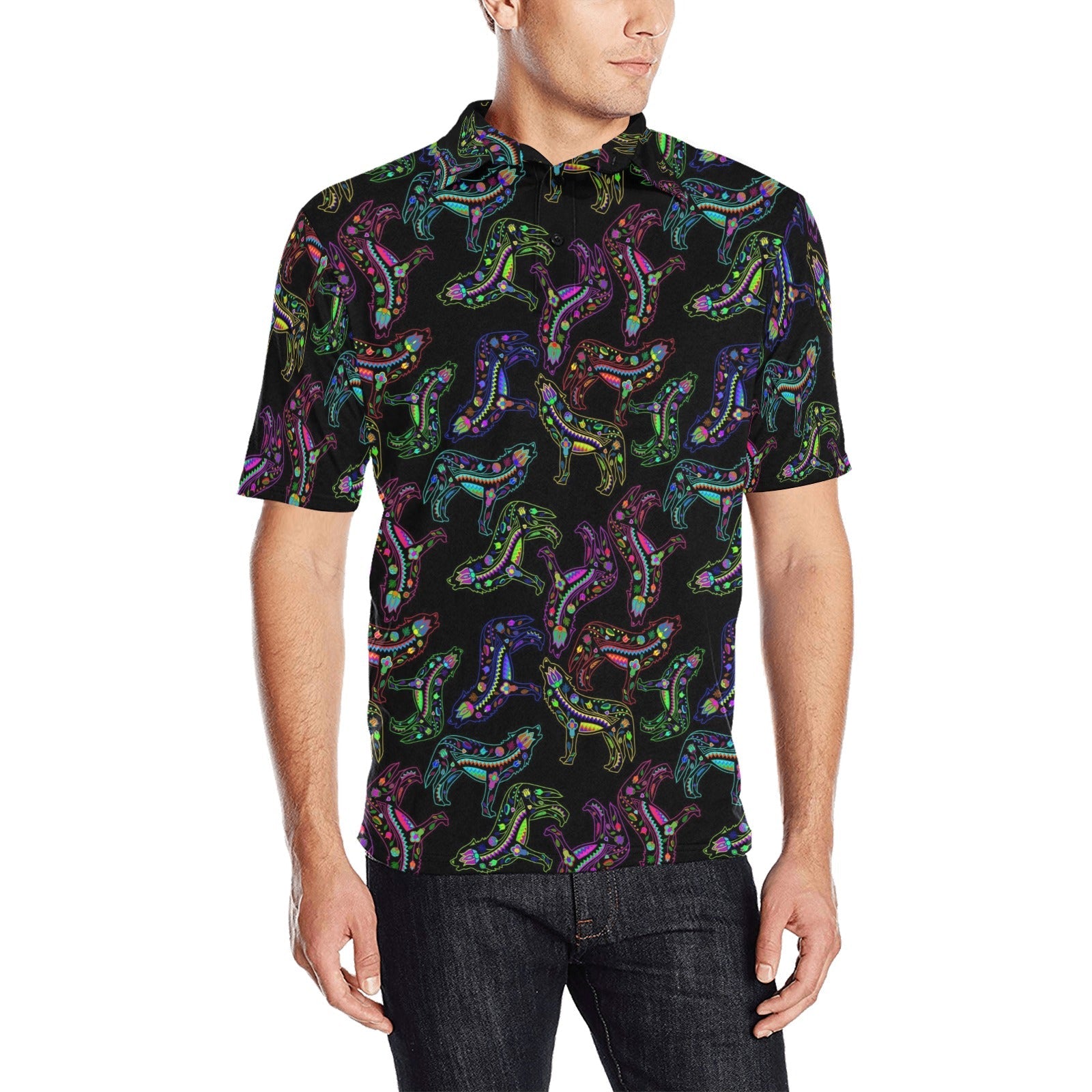 Neon Floral Wolves Men's All Over Print Polo Shirt (Model T55) Men's Polo Shirt (Model T55) e-joyer