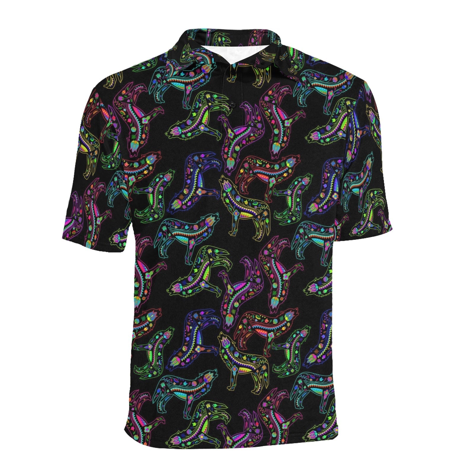 Neon Floral Wolves Men's All Over Print Polo Shirt (Model T55) Men's Polo Shirt (Model T55) e-joyer