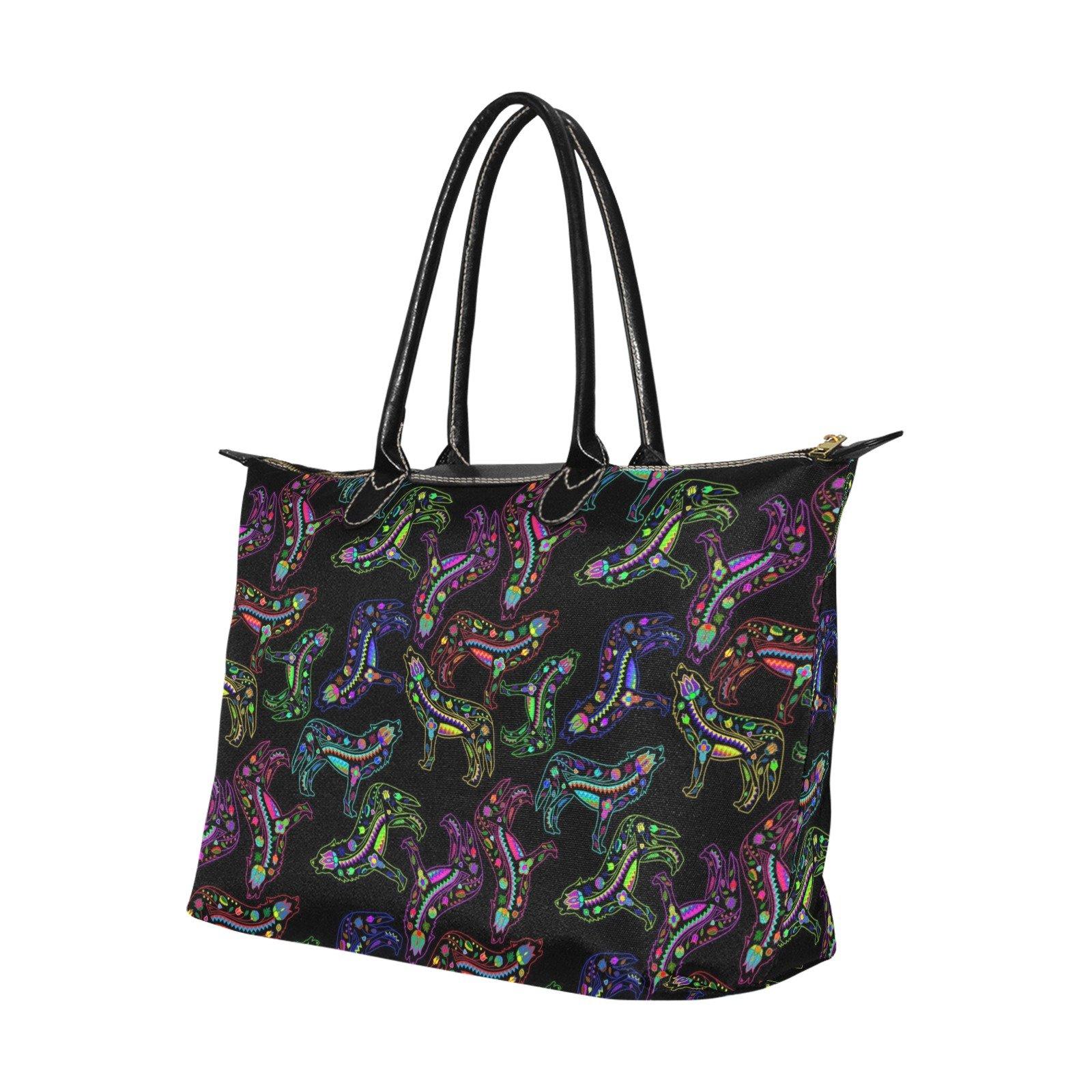 Neon Floral Wolves Single-Shoulder Lady Handbag (Model 1714) bag e-joyer