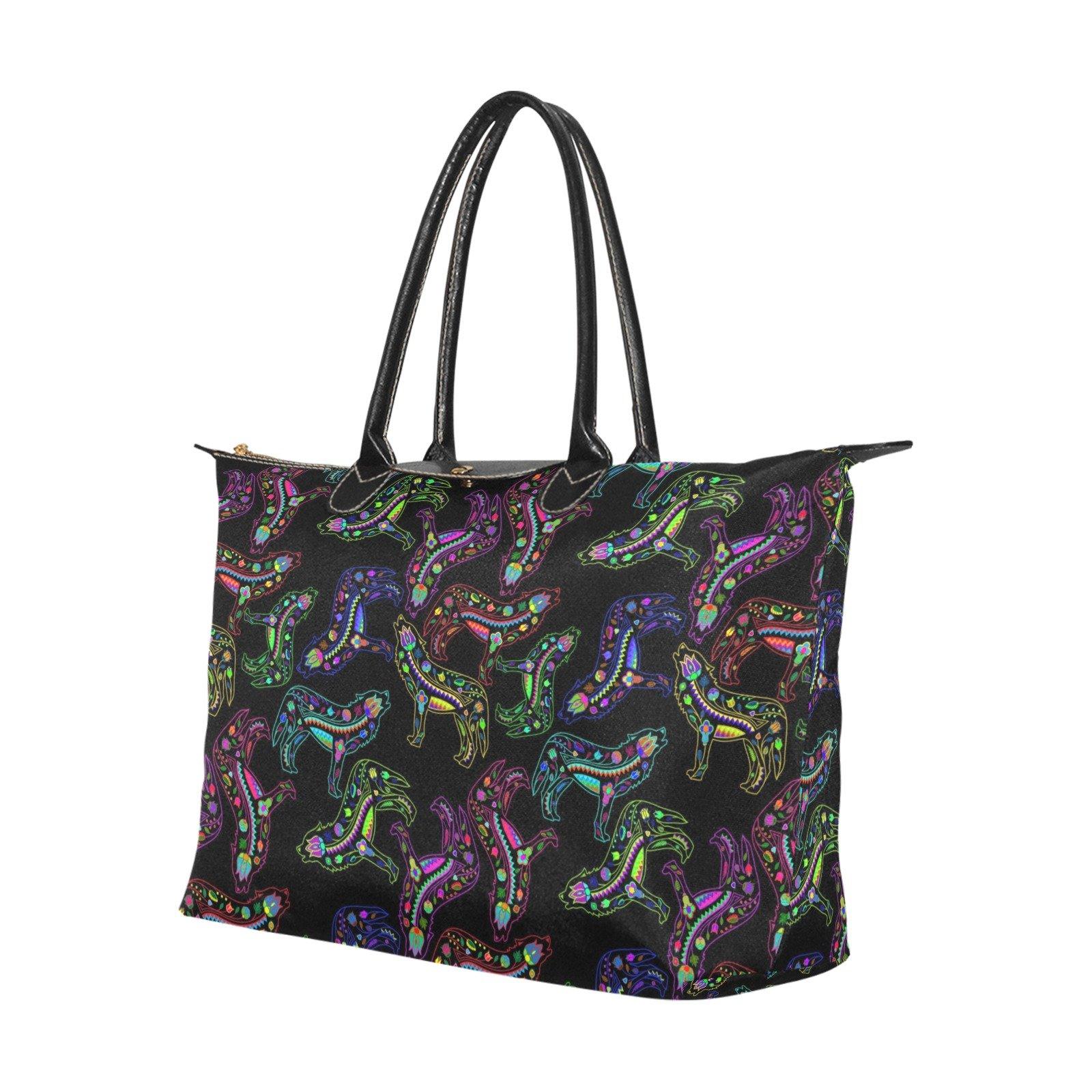 Neon Floral Wolves Single-Shoulder Lady Handbag (Model 1714) bag e-joyer