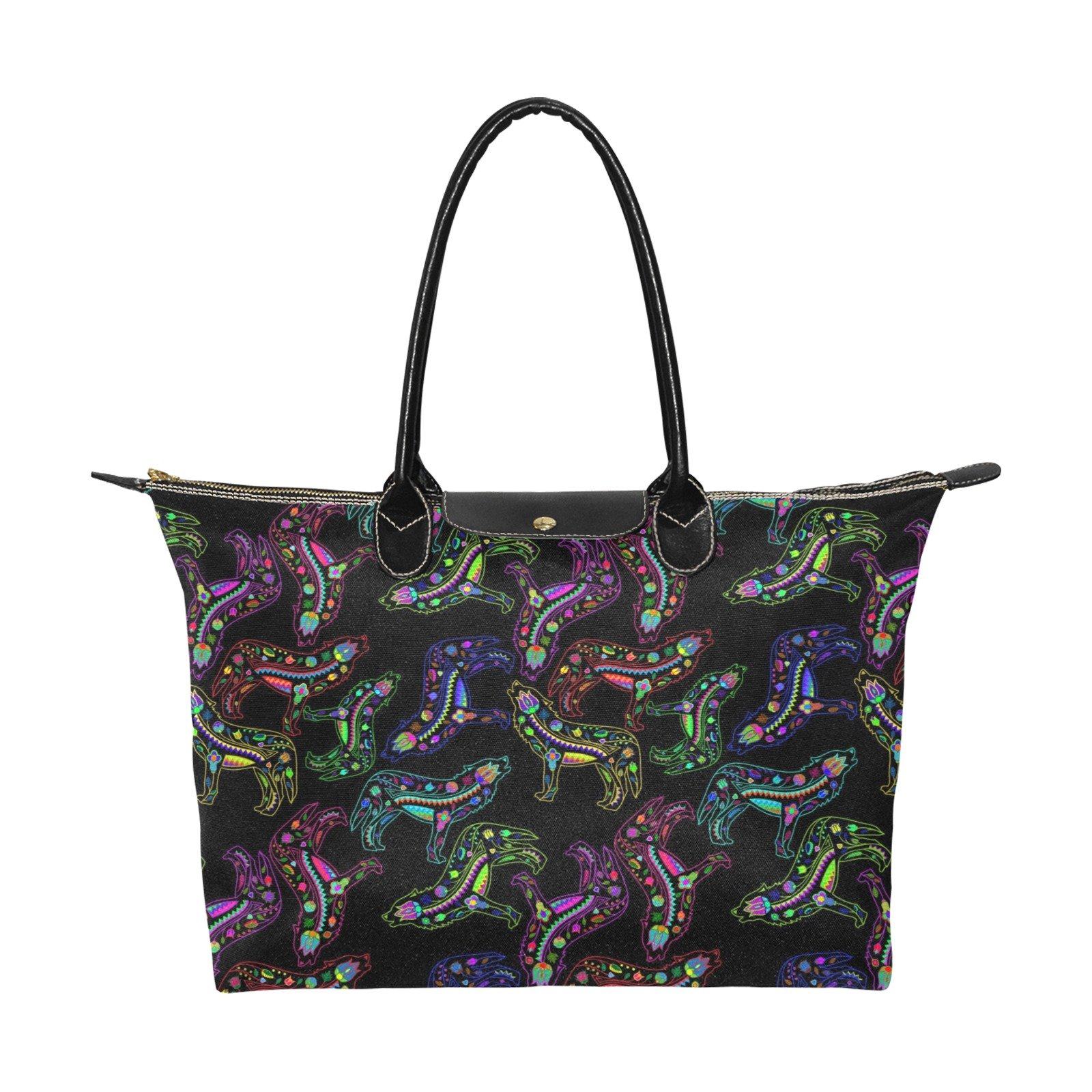 Neon Floral Wolves Single-Shoulder Lady Handbag (Model 1714) bag e-joyer