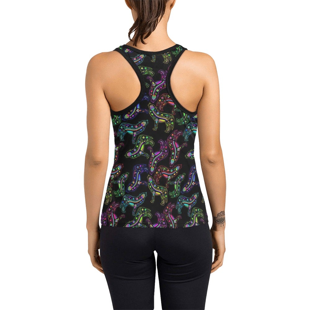 Neon Floral Wolves Women's Racerback Tank Top (Model T60) Racerback Tank Top (T60) e-joyer