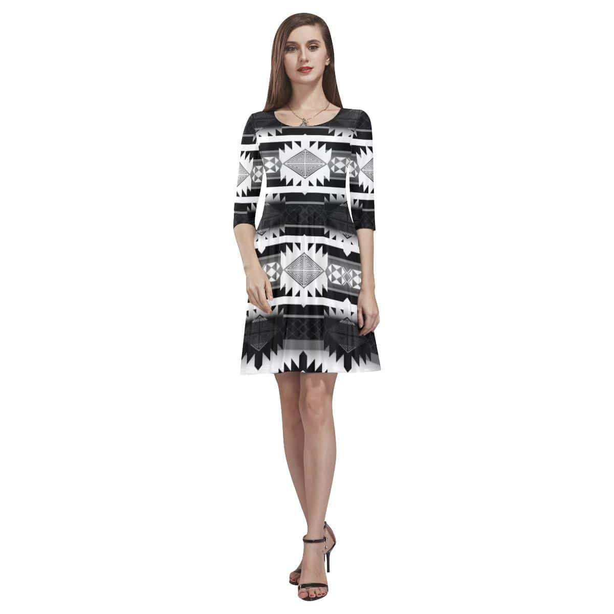 Okotoks Black and White Tethys Half-Sleeve Skater Dress(Model D20) Tethys Half-Sleeve Skater Dress (D20) e-joyer