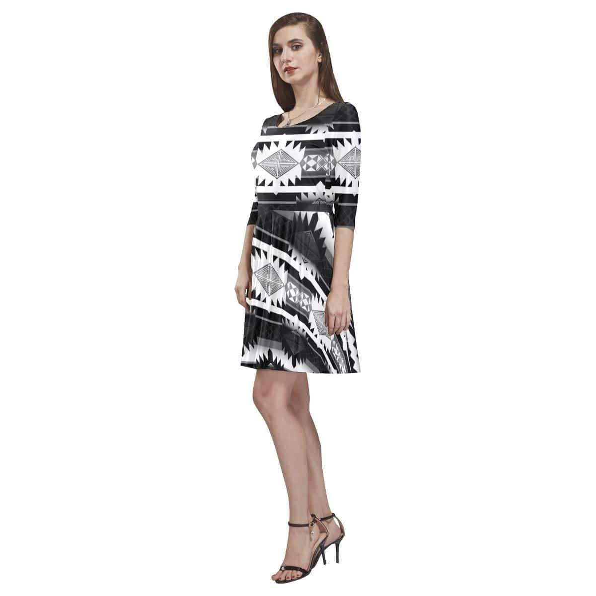 Okotoks Black and White Tethys Half-Sleeve Skater Dress(Model D20) Tethys Half-Sleeve Skater Dress (D20) e-joyer