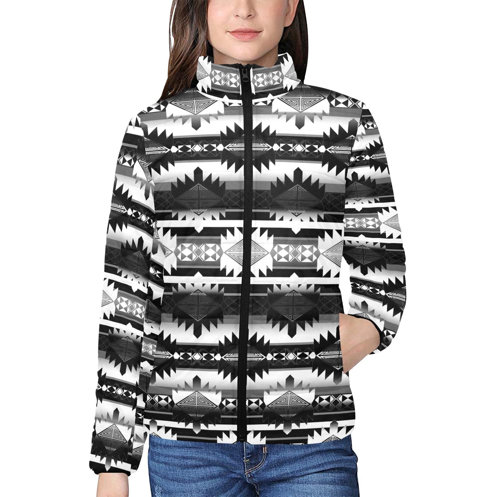 Okotoks Black and White Women's Stand Collar Padded Jacket (Model H41) jacket e-joyer