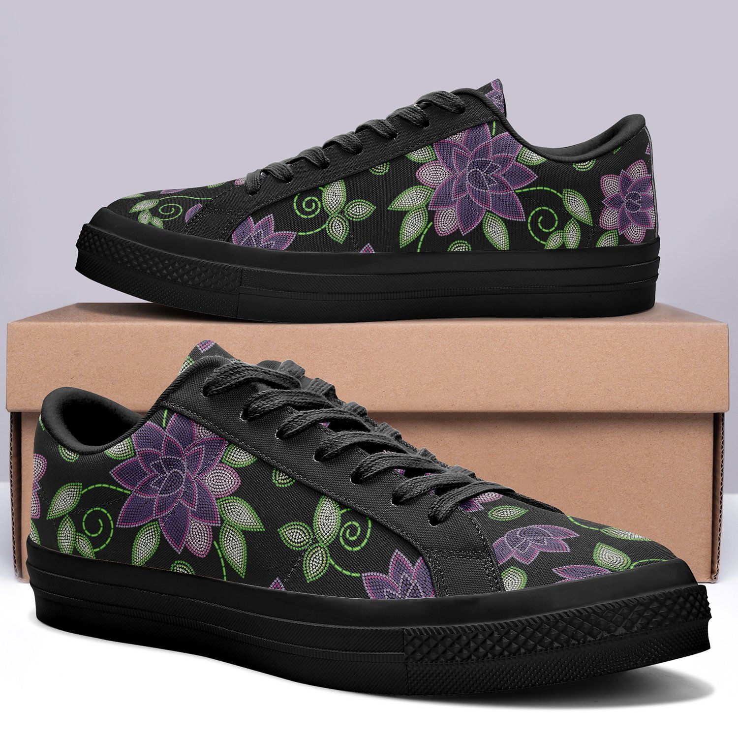 Purple Beaded Rose Aapisi Low Top Canvas Shoes Black Sole aapisi Herman