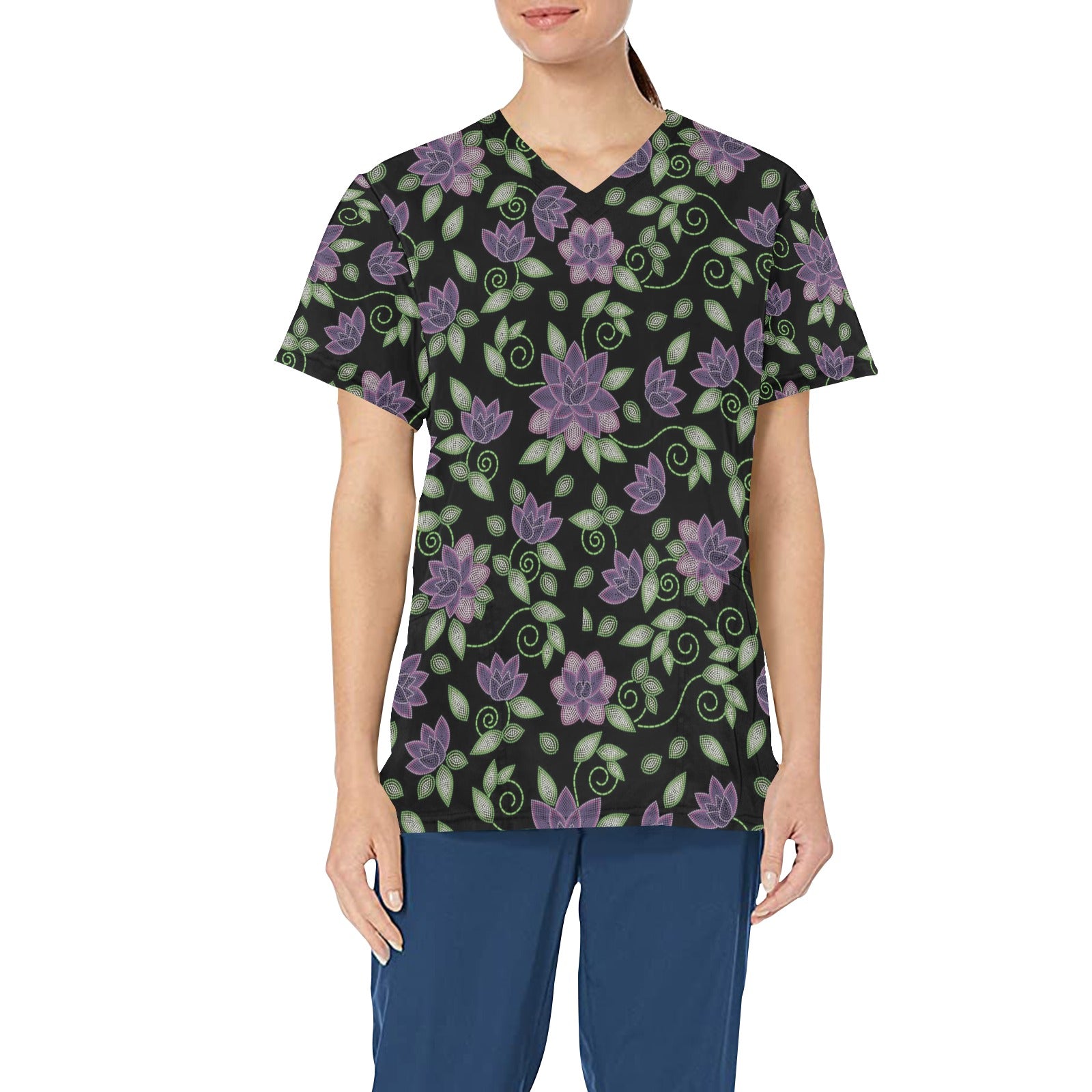 Purple Beaded Rose All Over Print Scrub Top Scrub Top e-joyer