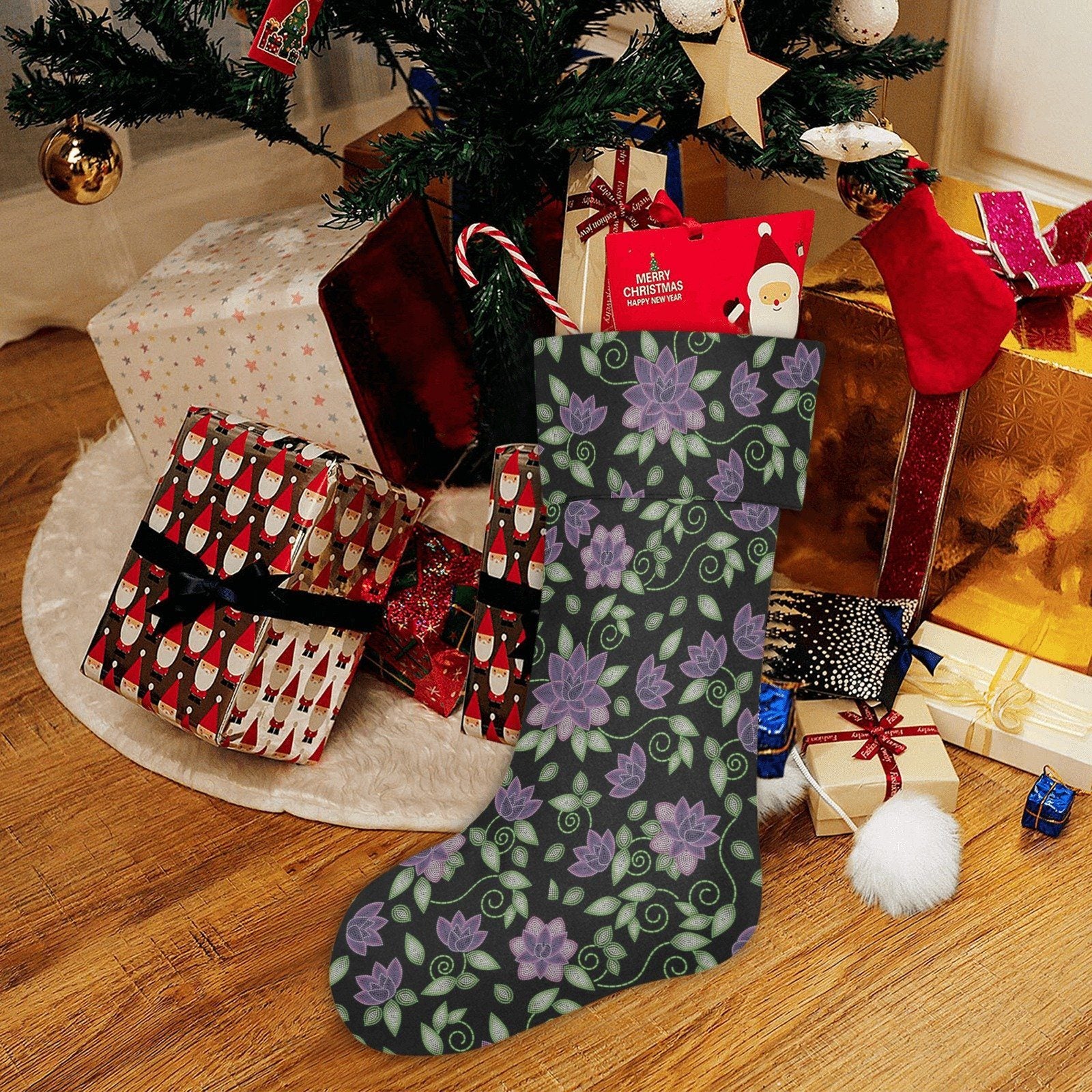 Purple Beaded Rose Christmas Stocking holiday stocking e-joyer