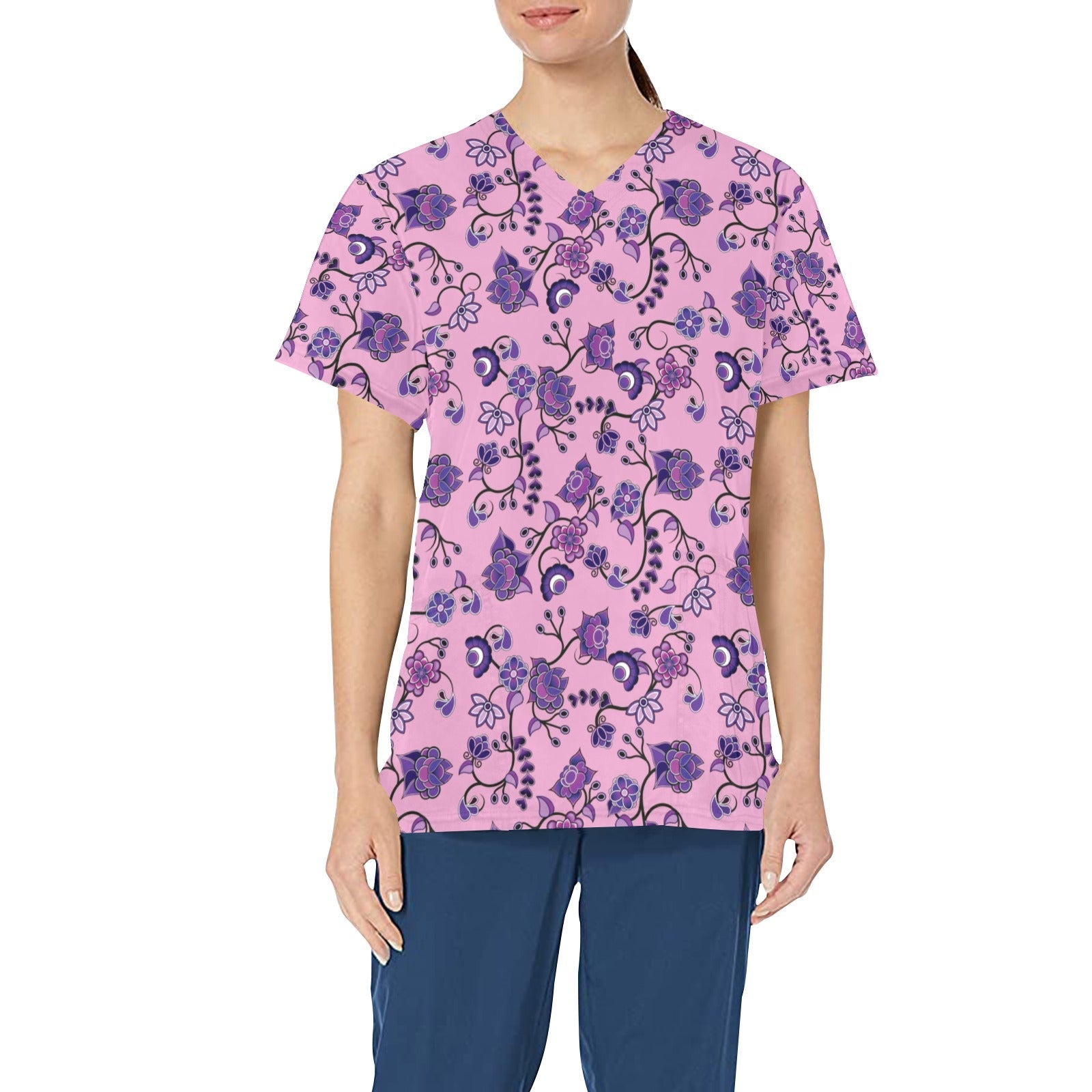 Purple Floral Amour All Over Print Scrub Top Scrub Top e-joyer