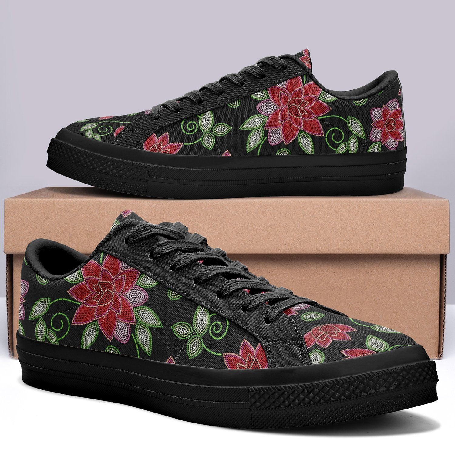 Red Beaded Rose Aapisi Low Top Canvas Shoes Black Sole aapisi Herman