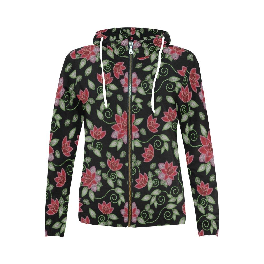Red Beaded Rose All Over Print Full Zip Hoodie for Women (Model H14) All Over Print Full Zip Hoodie for Women (H14) e-joyer