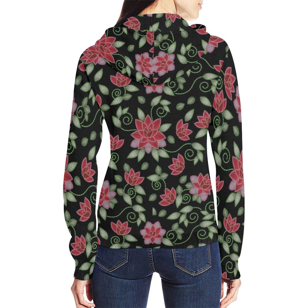 Red Beaded Rose All Over Print Full Zip Hoodie for Women (Model H14) All Over Print Full Zip Hoodie for Women (H14) e-joyer