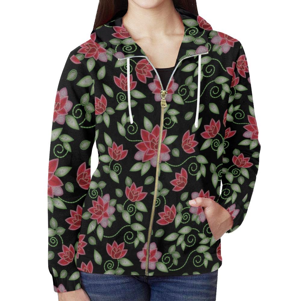 Red Beaded Rose All Over Print Full Zip Hoodie for Women (Model H14) All Over Print Full Zip Hoodie for Women (H14) e-joyer