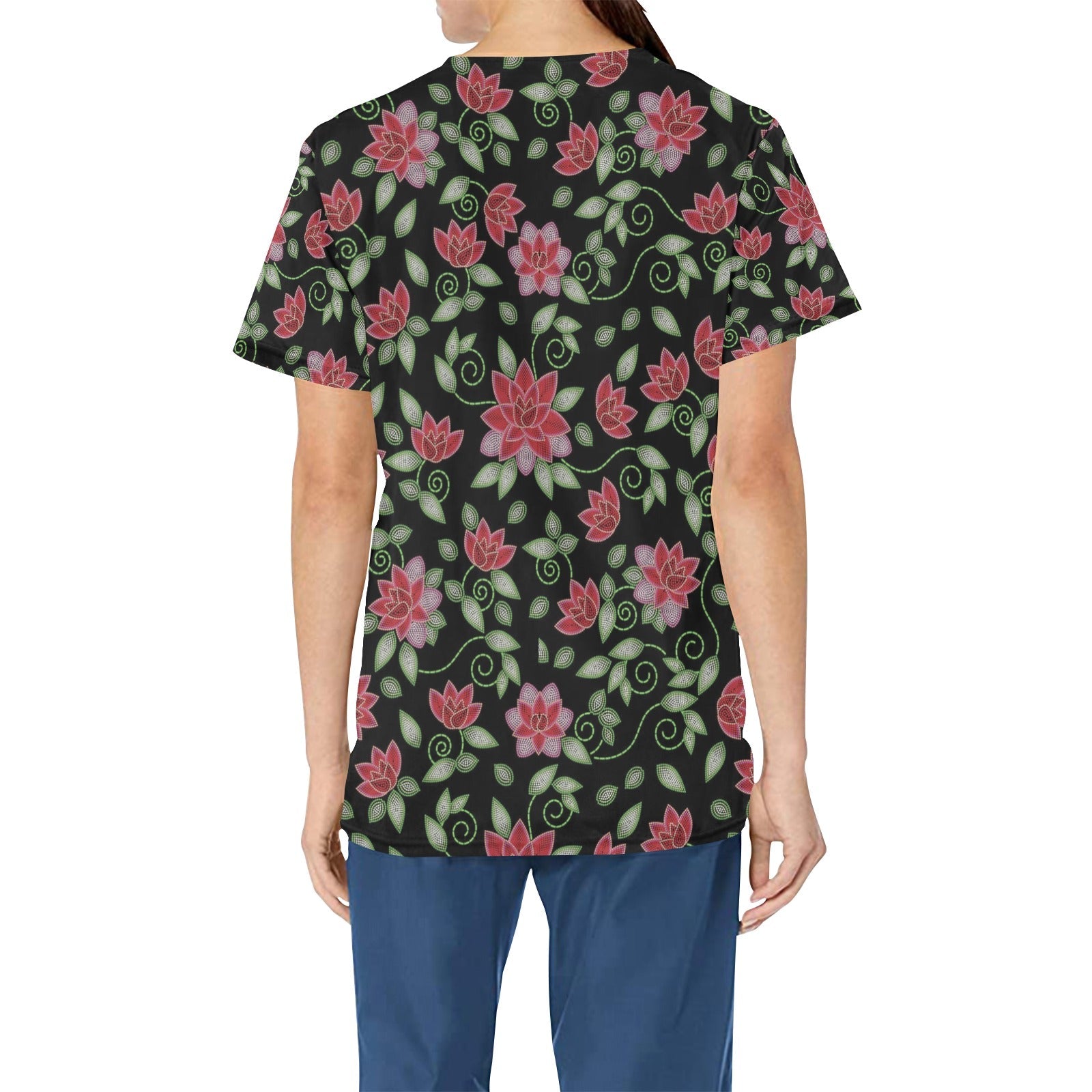 Red Beaded Rose All Over Print Scrub Top Scrub Top e-joyer