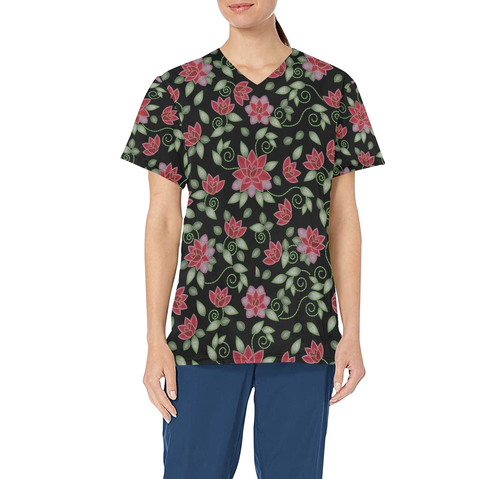 Red Beaded Rose All Over Print Scrub Top Scrub Top e-joyer