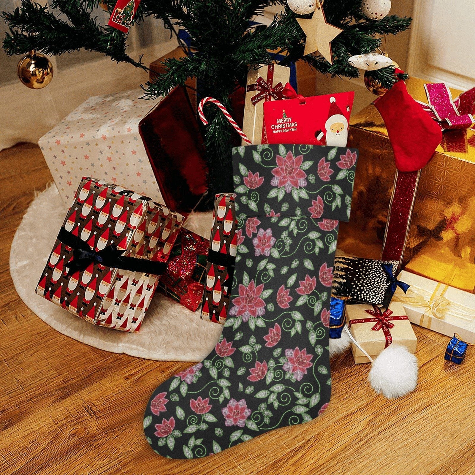 Red Beaded Rose Christmas Stocking holiday stocking e-joyer