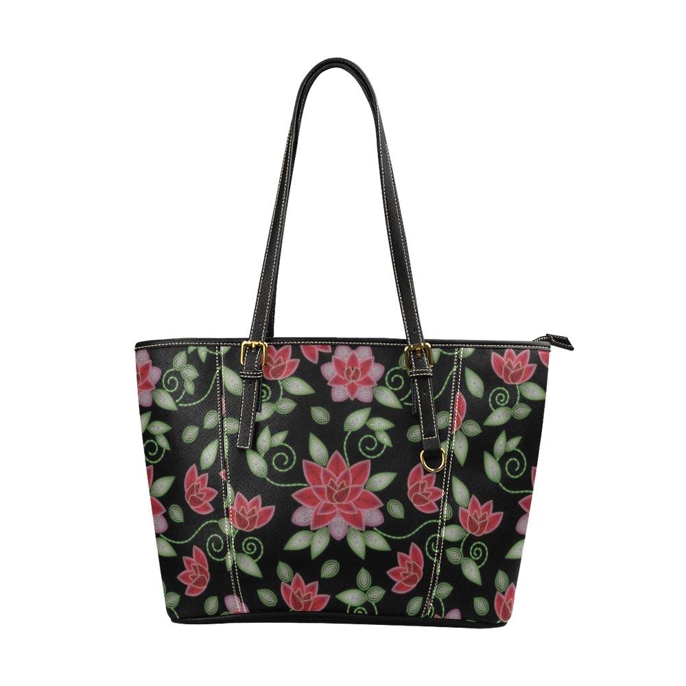 Red Beaded Rose Leather Tote Bag/Large (Model 1640) bag e-joyer