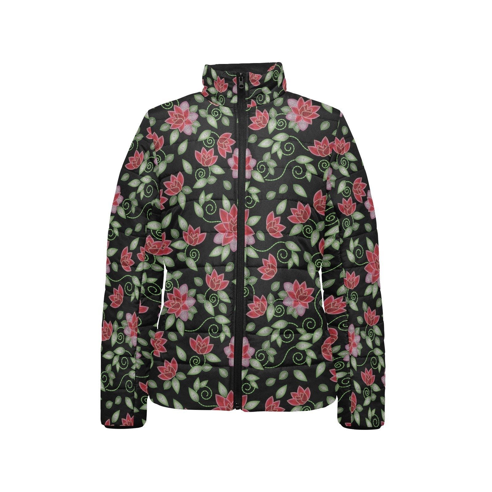 Red Beaded Rose Women's Stand Collar Padded Jacket (Model H41) jacket e-joyer