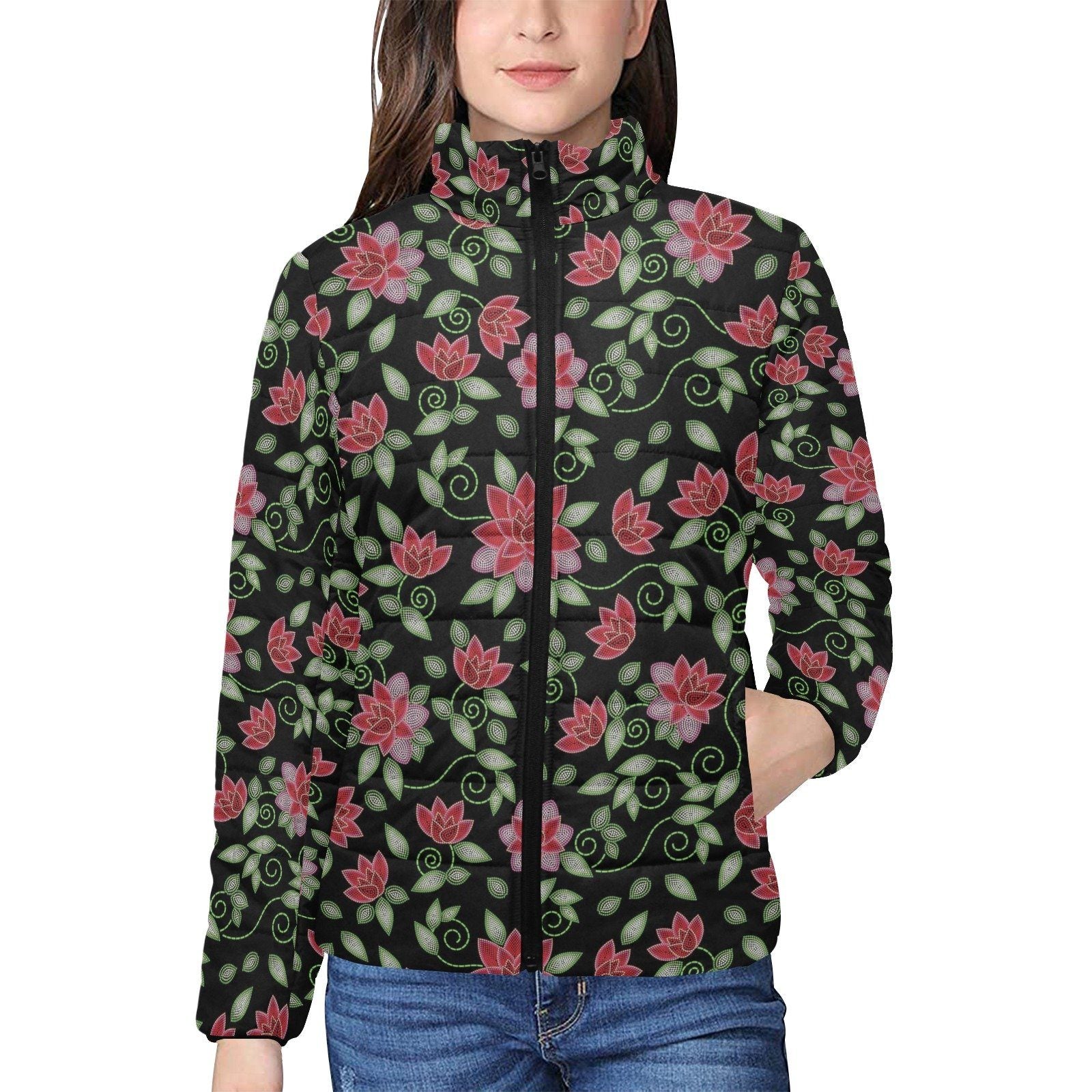 Red Beaded Rose Women's Stand Collar Padded Jacket (Model H41) jacket e-joyer