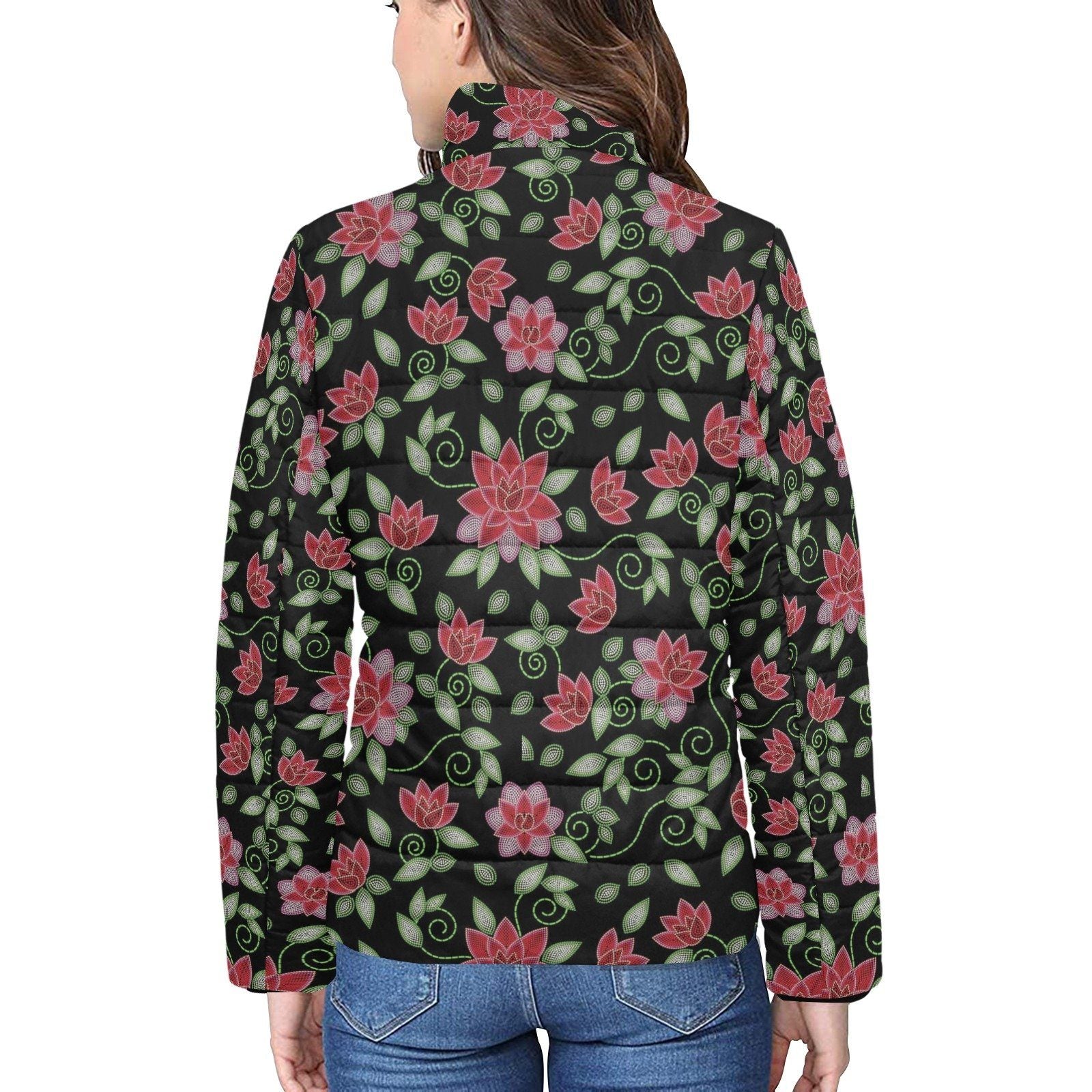 Red Beaded Rose Women's Stand Collar Padded Jacket (Model H41) jacket e-joyer