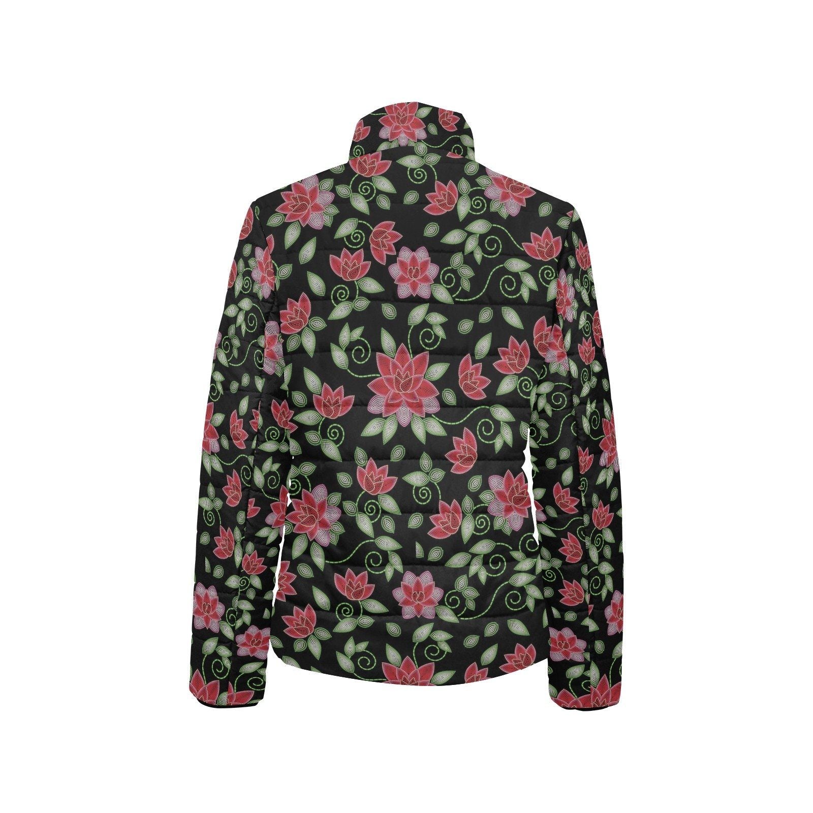 Red Beaded Rose Women's Stand Collar Padded Jacket (Model H41) jacket e-joyer
