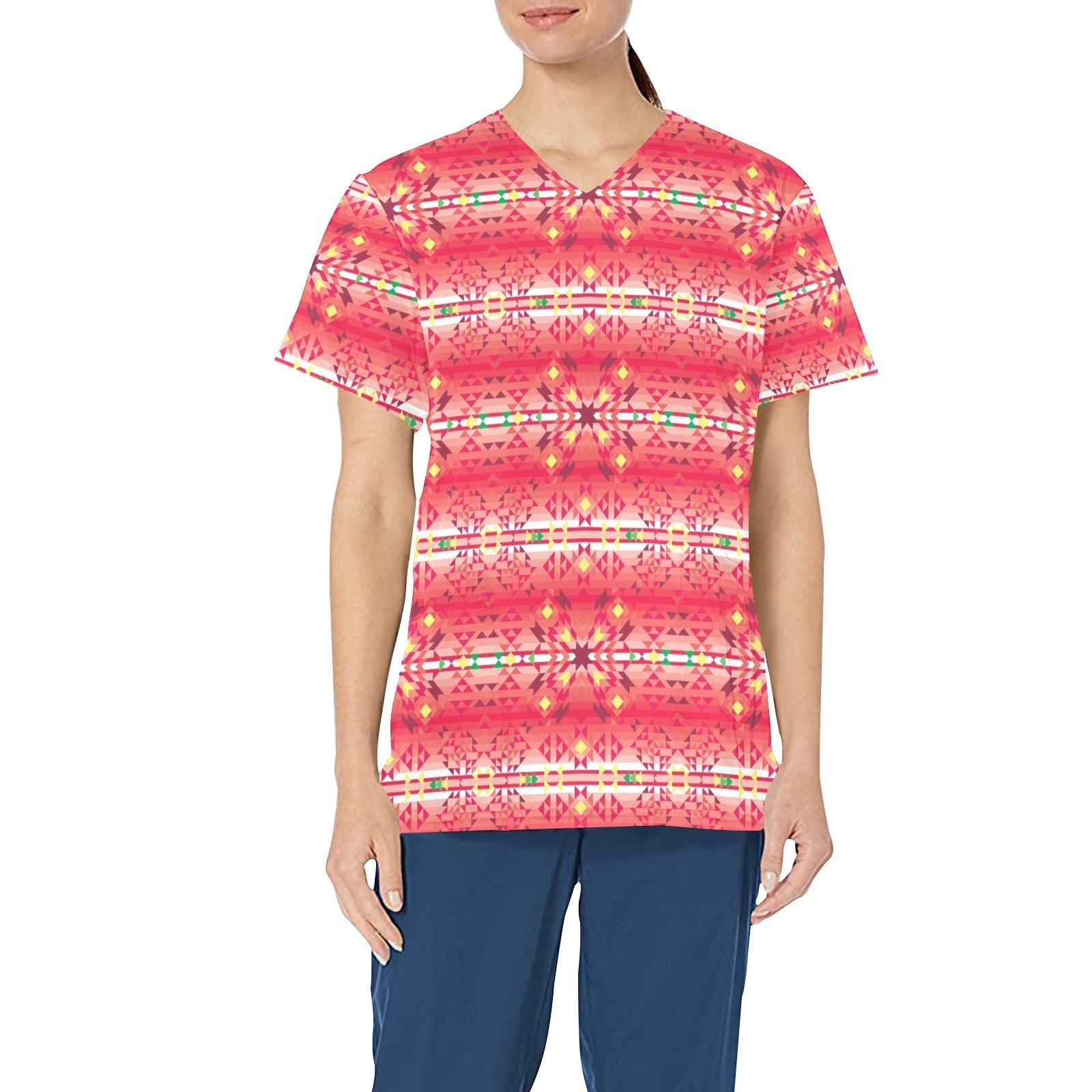 Red Pink Star All Over Print Scrub Top Scrub Top e-joyer