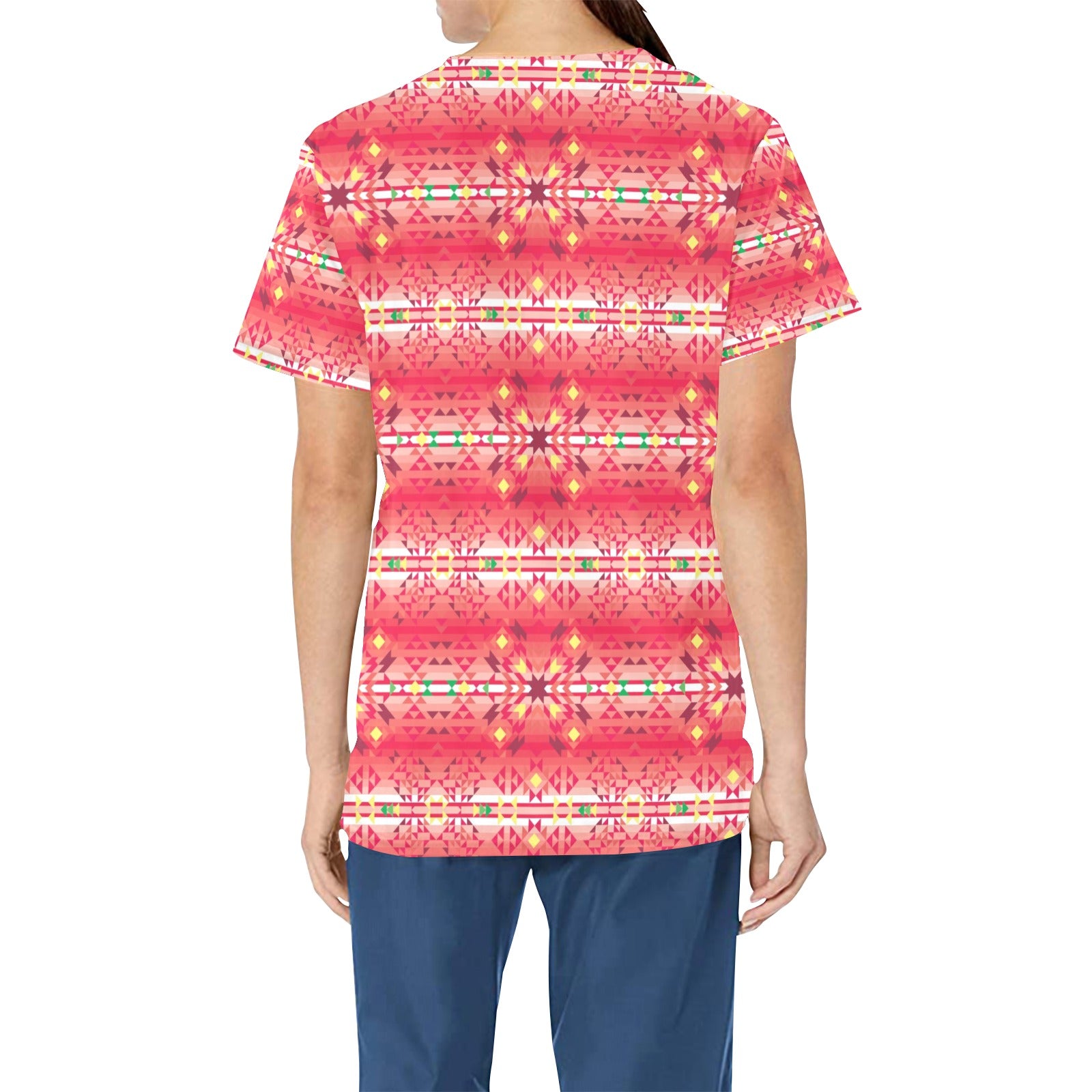Red Pink Star All Over Print Scrub Top Scrub Top e-joyer