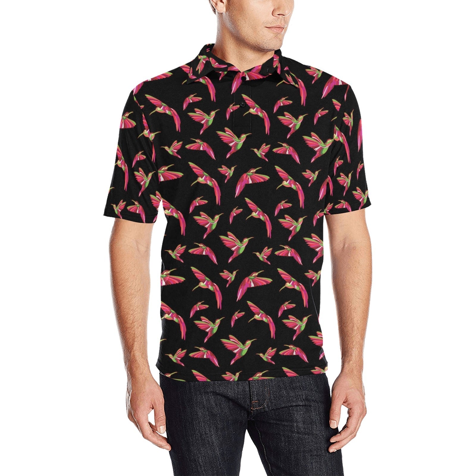 Red Swift Colourful Black Men's All Over Print Polo Shirt (Model T55) Men's Polo Shirt (Model T55) e-joyer