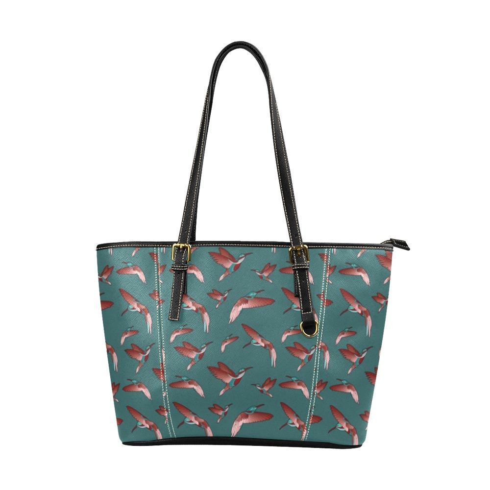 Red Swift Turquoise Leather Tote Bag/Large (Model 1640) Leather Tote Bag (1640) e-joyer