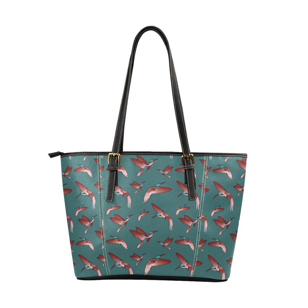 Red Swift Turquoise Leather Tote Bag/Large (Model 1640) Leather Tote Bag (1640) e-joyer