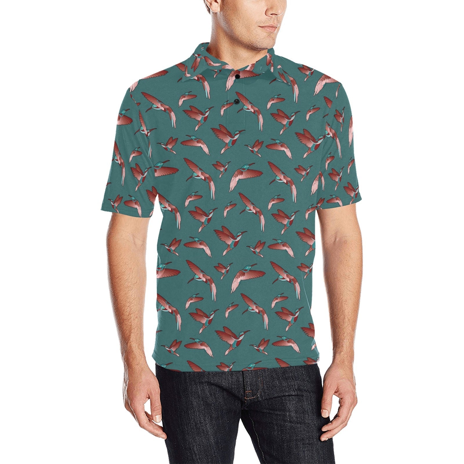 Red Swift Turquoise Men's All Over Print Polo Shirt (Model T55) Men's Polo Shirt (Model T55) e-joyer