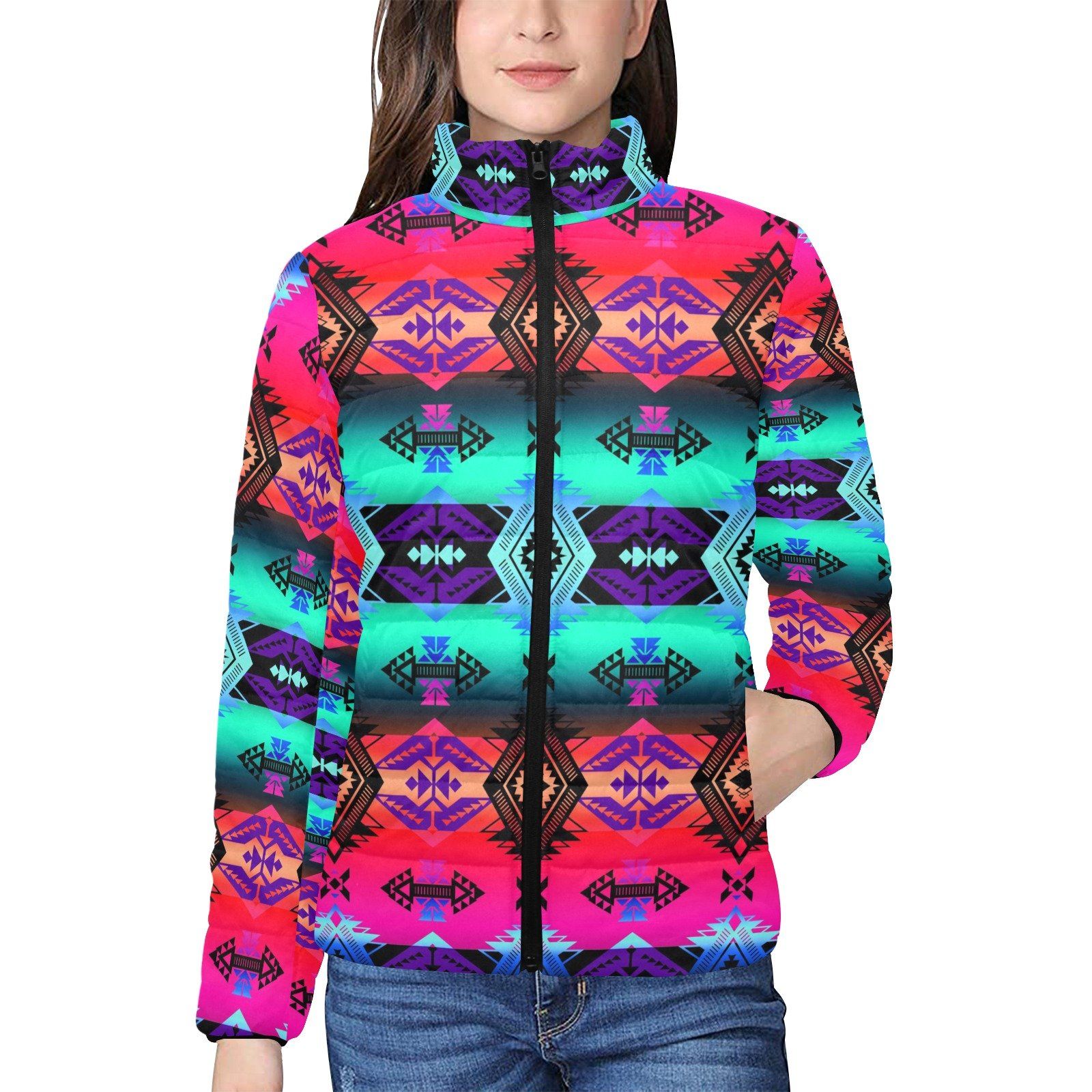 Sovereign Nation Sunrise Women's Stand Collar Padded Jacket (Model H41) jacket e-joyer