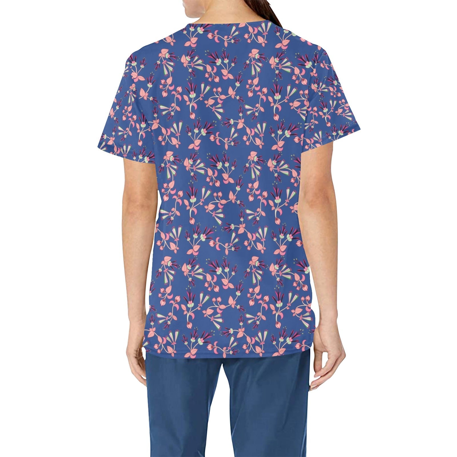 Swift Floral Peach Blue All Over Print Scrub Top Scrub Top e-joyer