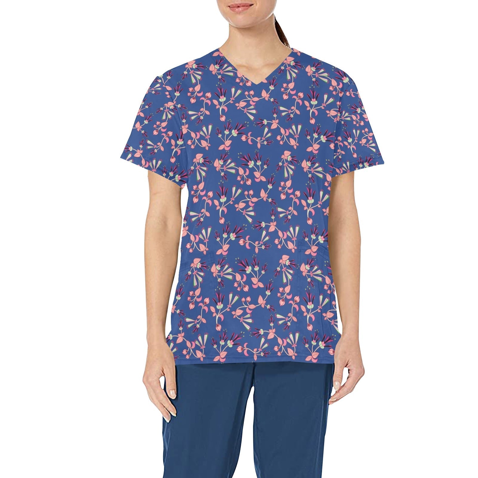 Swift Floral Peach Blue All Over Print Scrub Top Scrub Top e-joyer