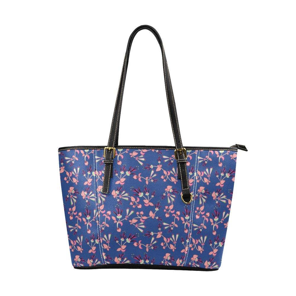 Swift Floral Peach Blue Leather Tote Bag/Large (Model 1640) Leather Tote Bag (1640) e-joyer