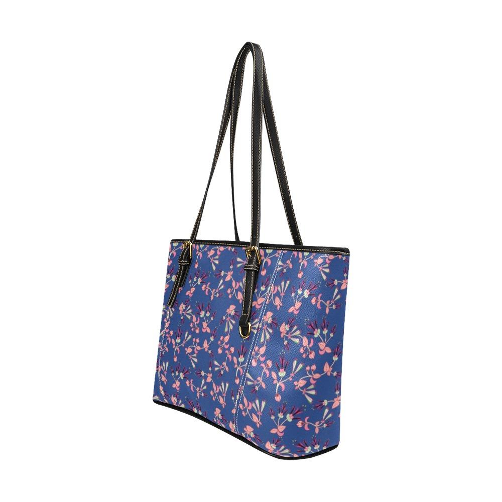Swift Floral Peach Blue Leather Tote Bag/Large (Model 1640) Leather Tote Bag (1640) e-joyer