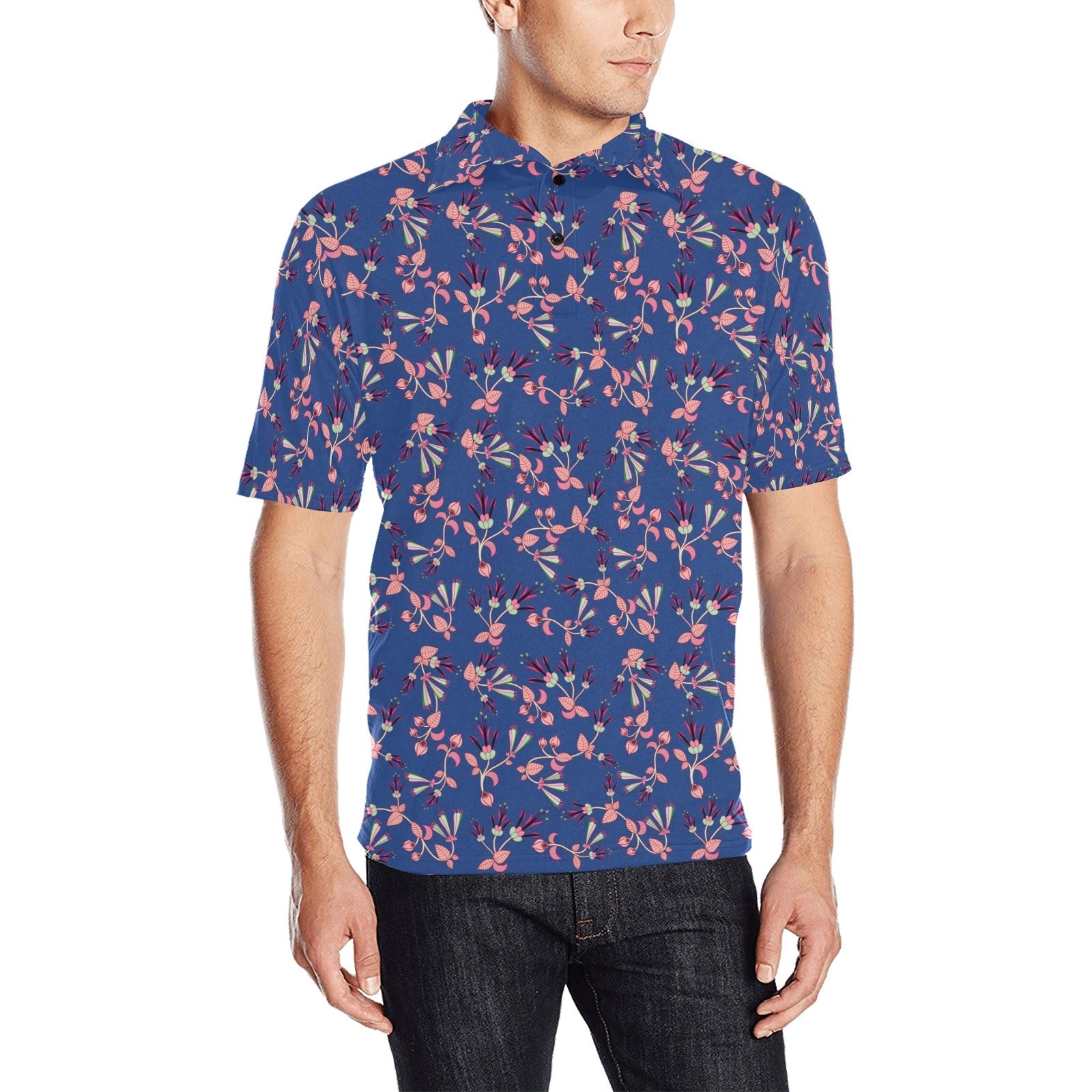 Swift Floral Peach Blue Men's All Over Print Polo Shirt (Model T55) Men's Polo Shirt (Model T55) e-joyer