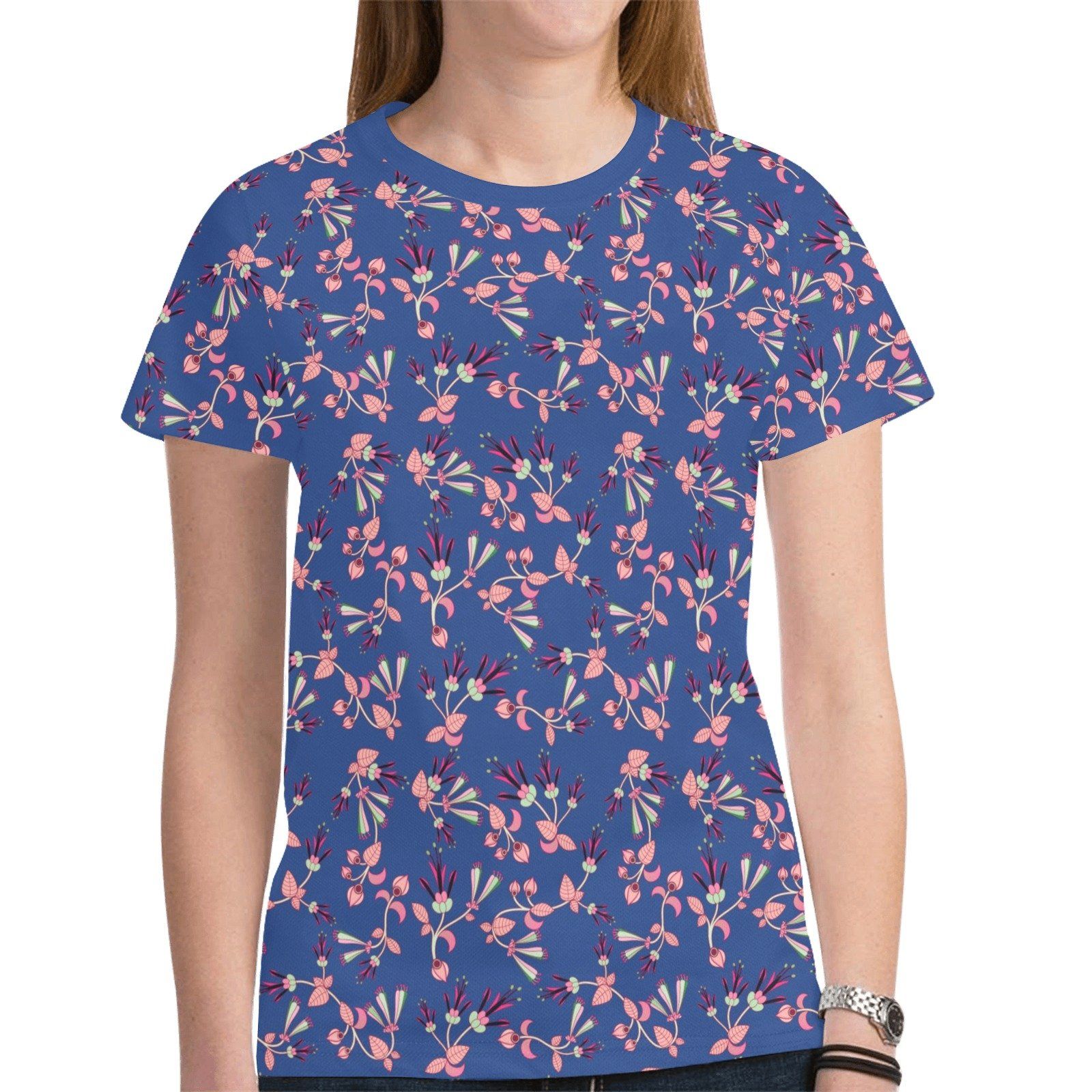 Swift Floral Peach Blue New All Over Print T-shirt for Women (Model T45) tshirt e-joyer