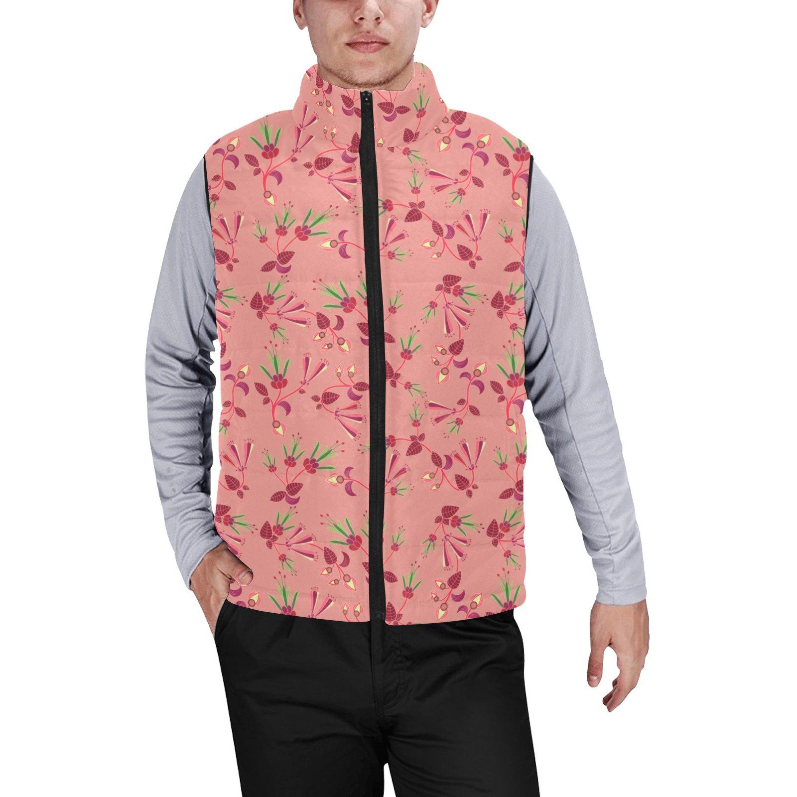 Swift Floral Peach Rouge Remix Men's Padded Vest Jacket (Model H44) Men's Padded Vest Jacket (H44) e-joyer
