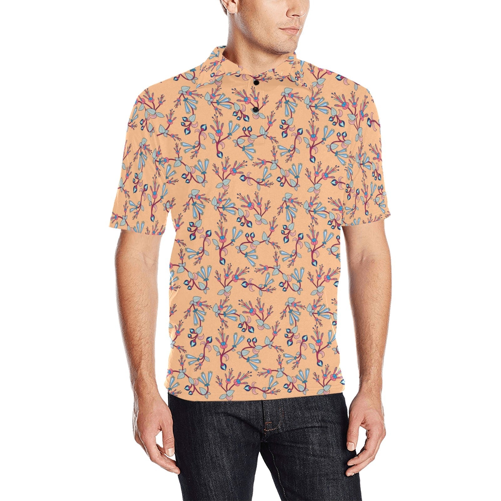 Swift Floral Peache Men's All Over Print Polo Shirt (Model T55) Men's Polo Shirt (Model T55) e-joyer