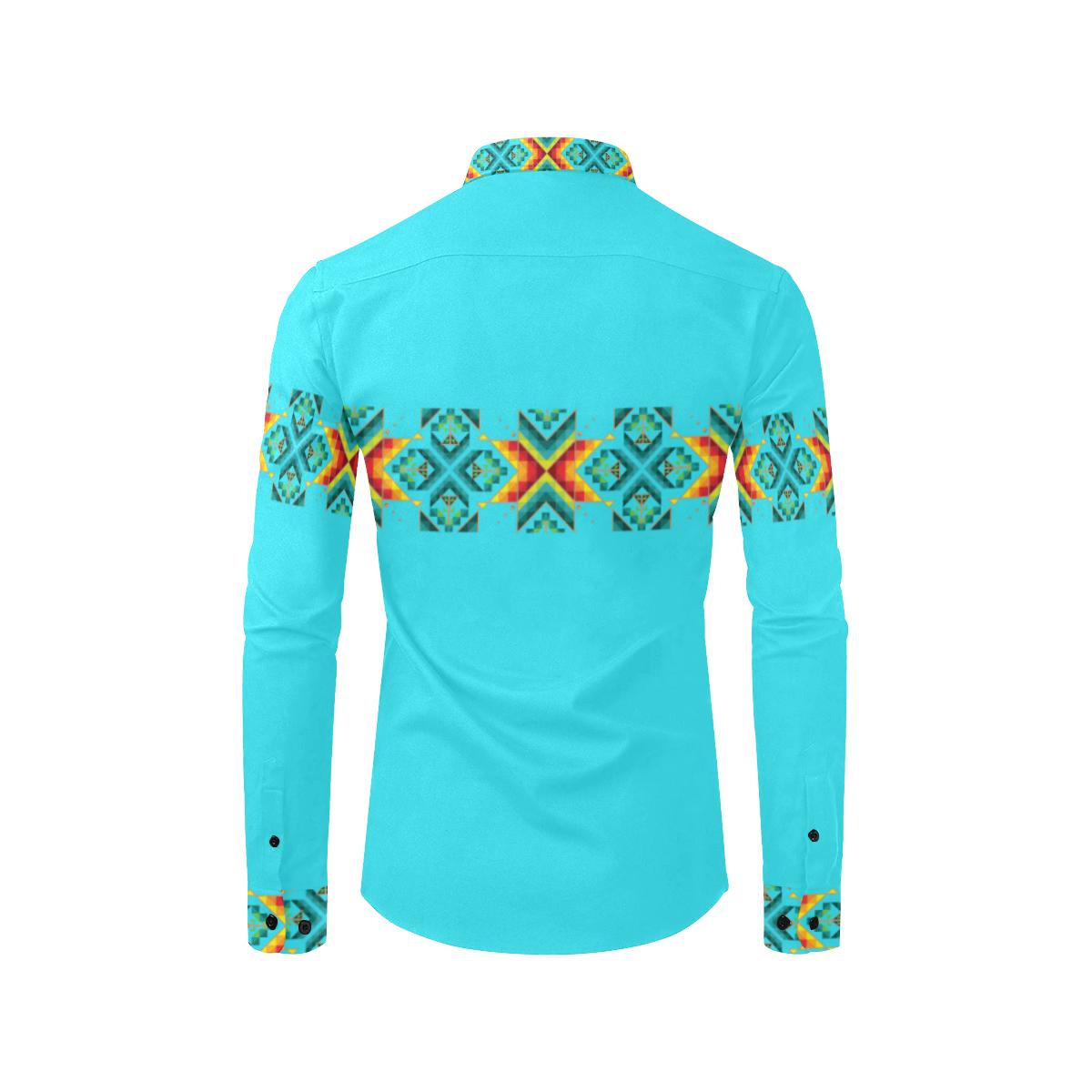 Turquoise Blanket Strip-1 Men's All Over Print Casual Dress Shirt (Model T61) Men's Dress Shirt (T61) e-joyer