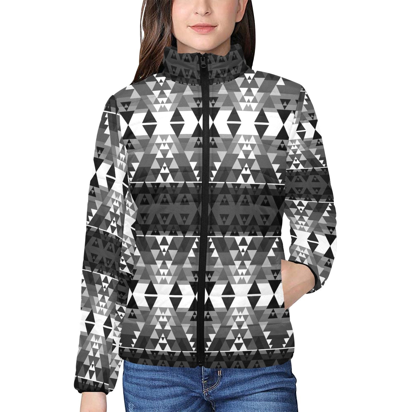 Writing on Stone Black and White Women's Stand Collar Padded Jacket (Model H41) jacket e-joyer