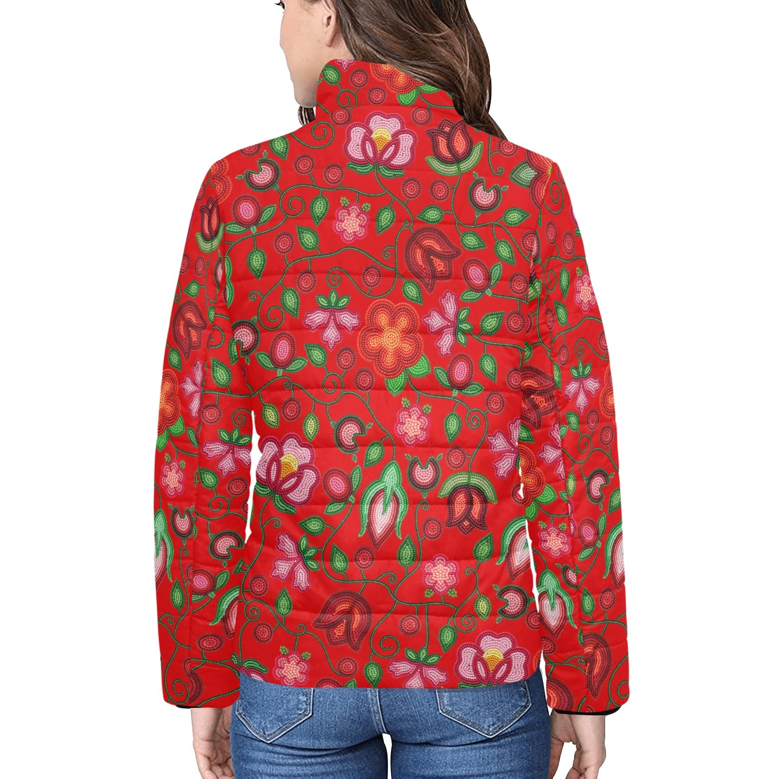Rose Reverie Red Women's Stand Collar Padded Jacket