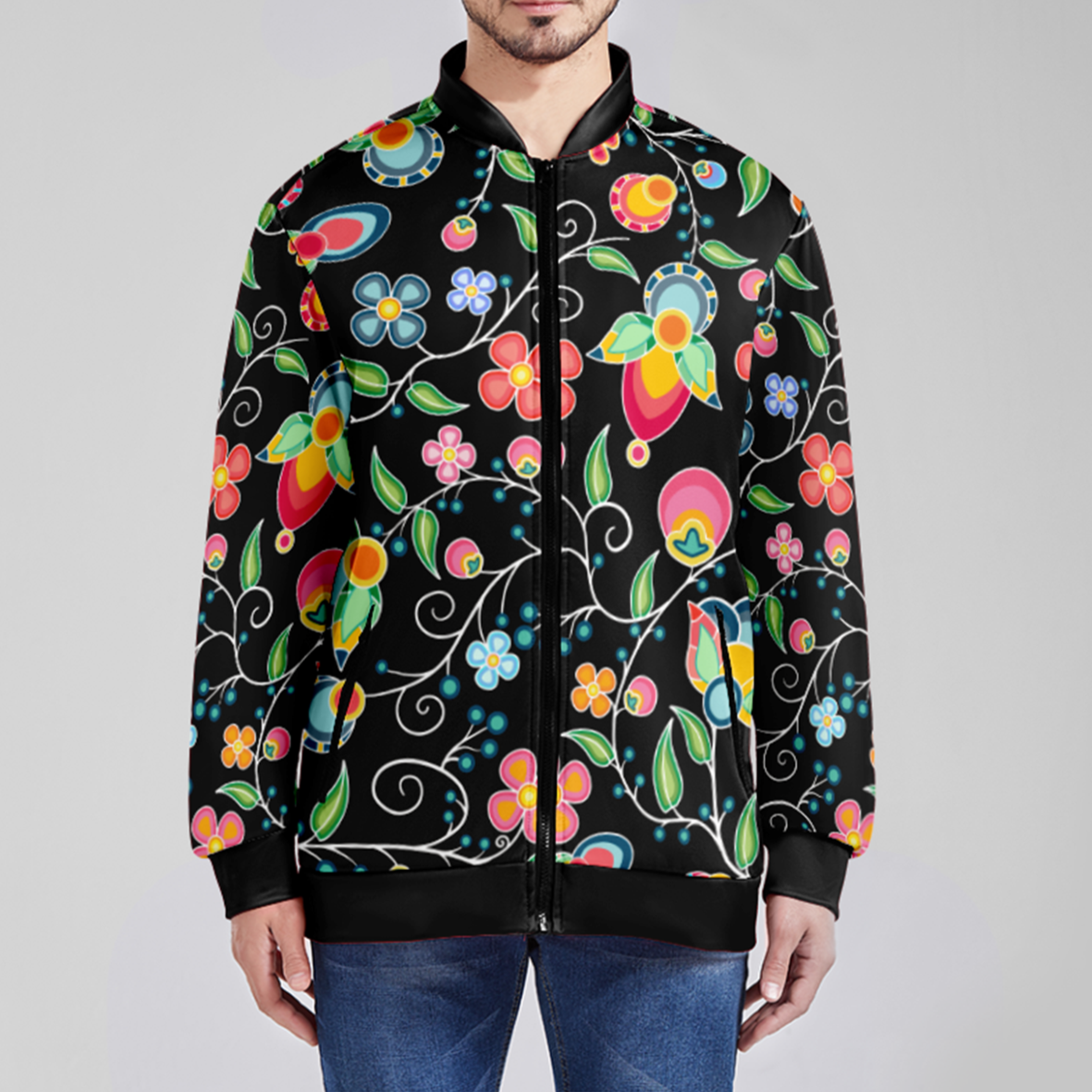 Floral Bounty Black Zippered Collared Lightweight Jacket