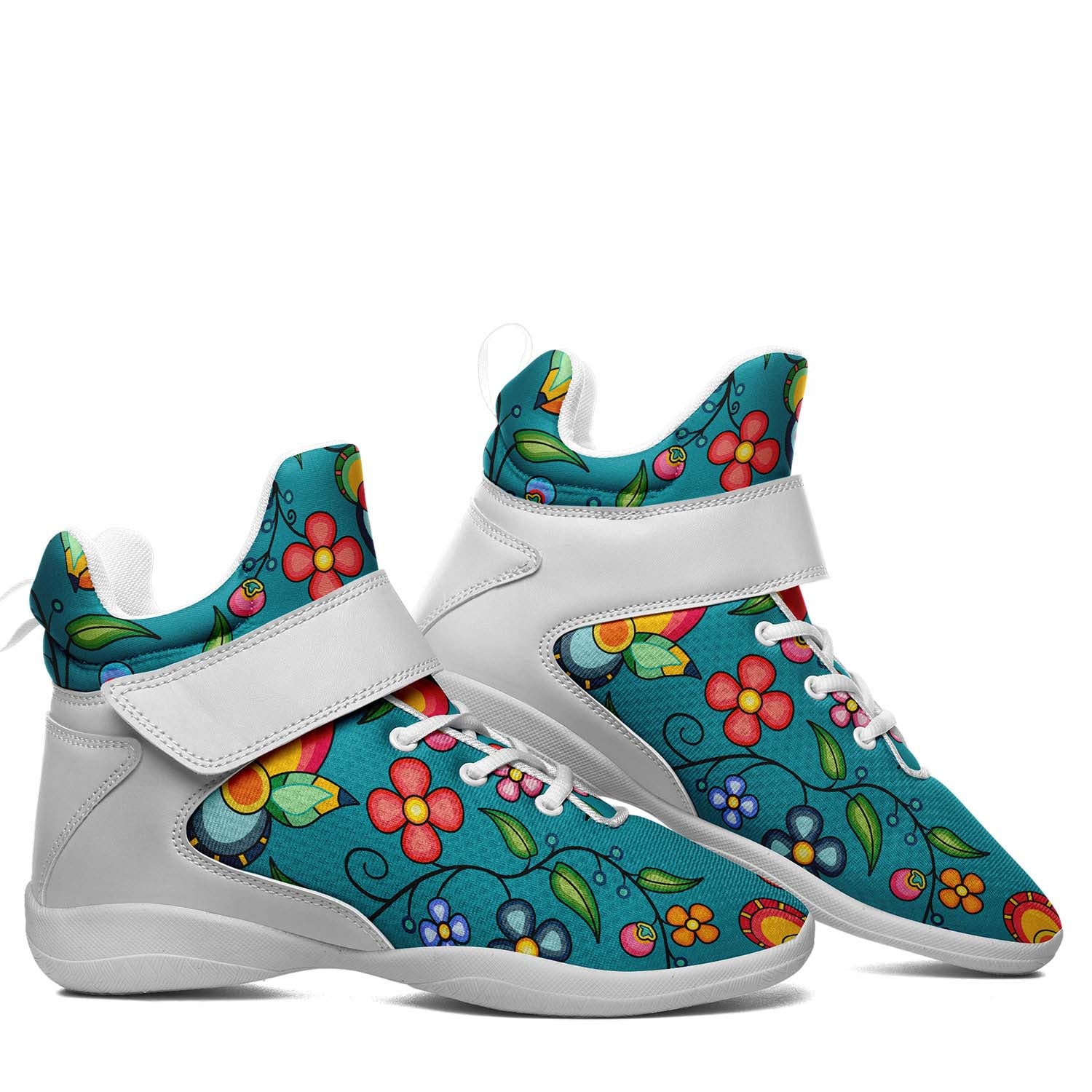 Floral Bounty Teal Ipottaa Basketball / Sport High Top Shoes - White Sole