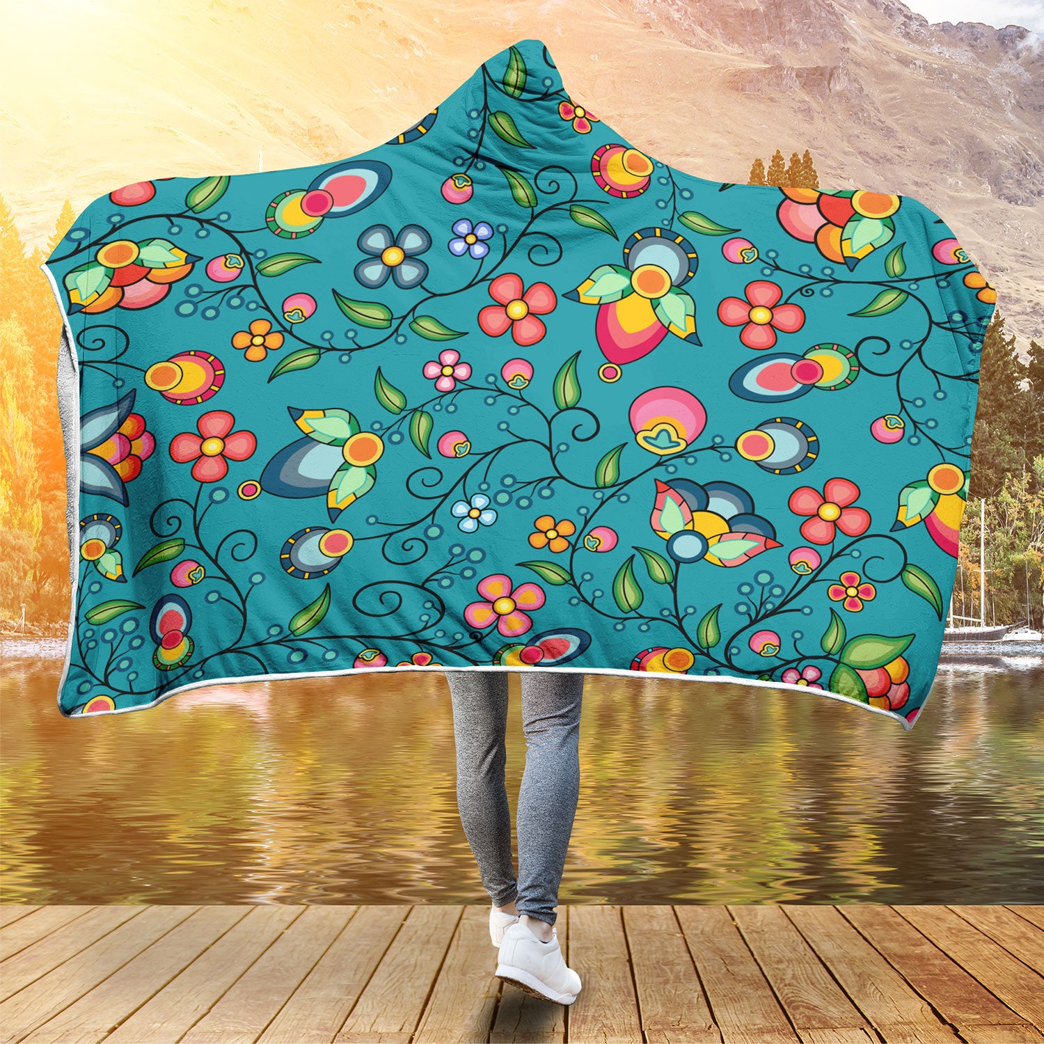 Floral Bounty Teal Hooded Blanket