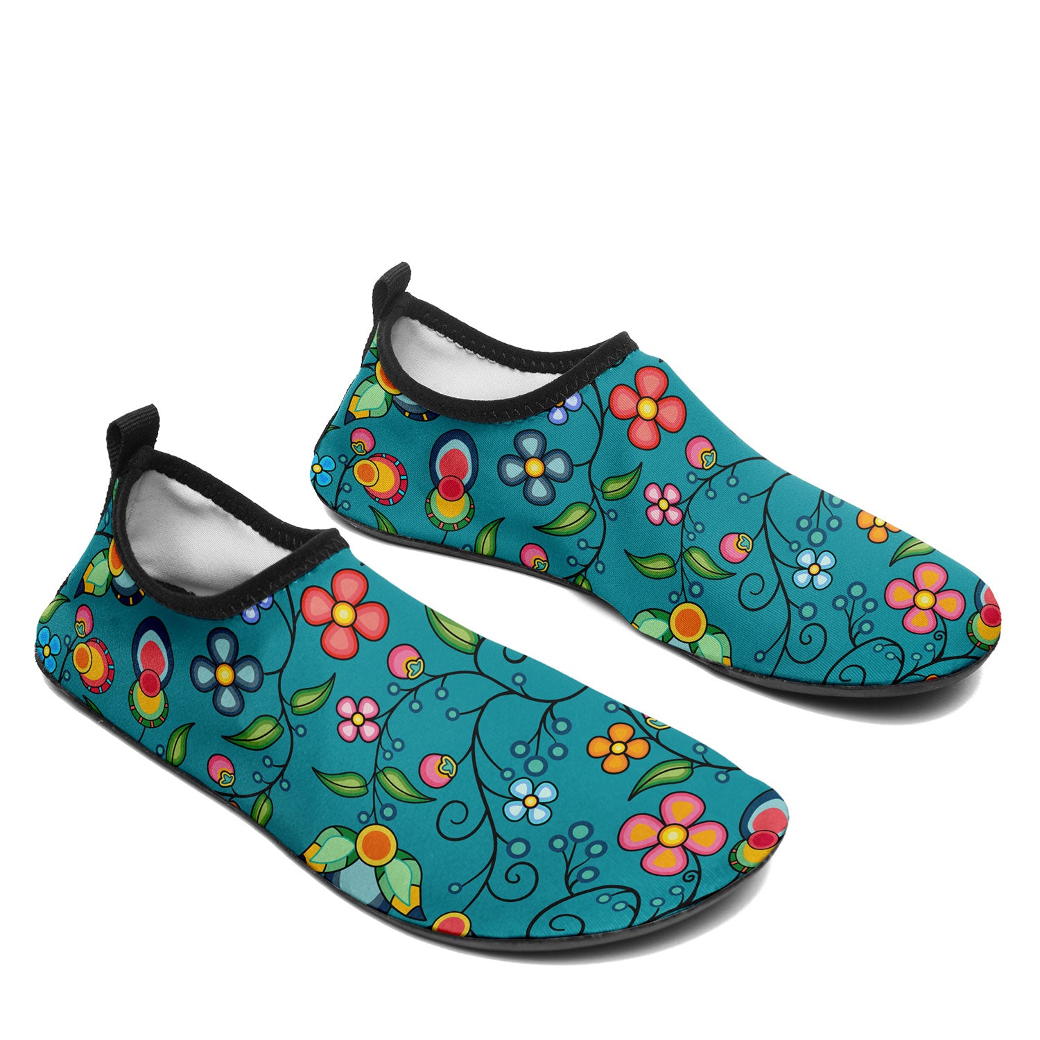 Floral Bounty Teal Kid's Sockamoccs Slip On Shoes