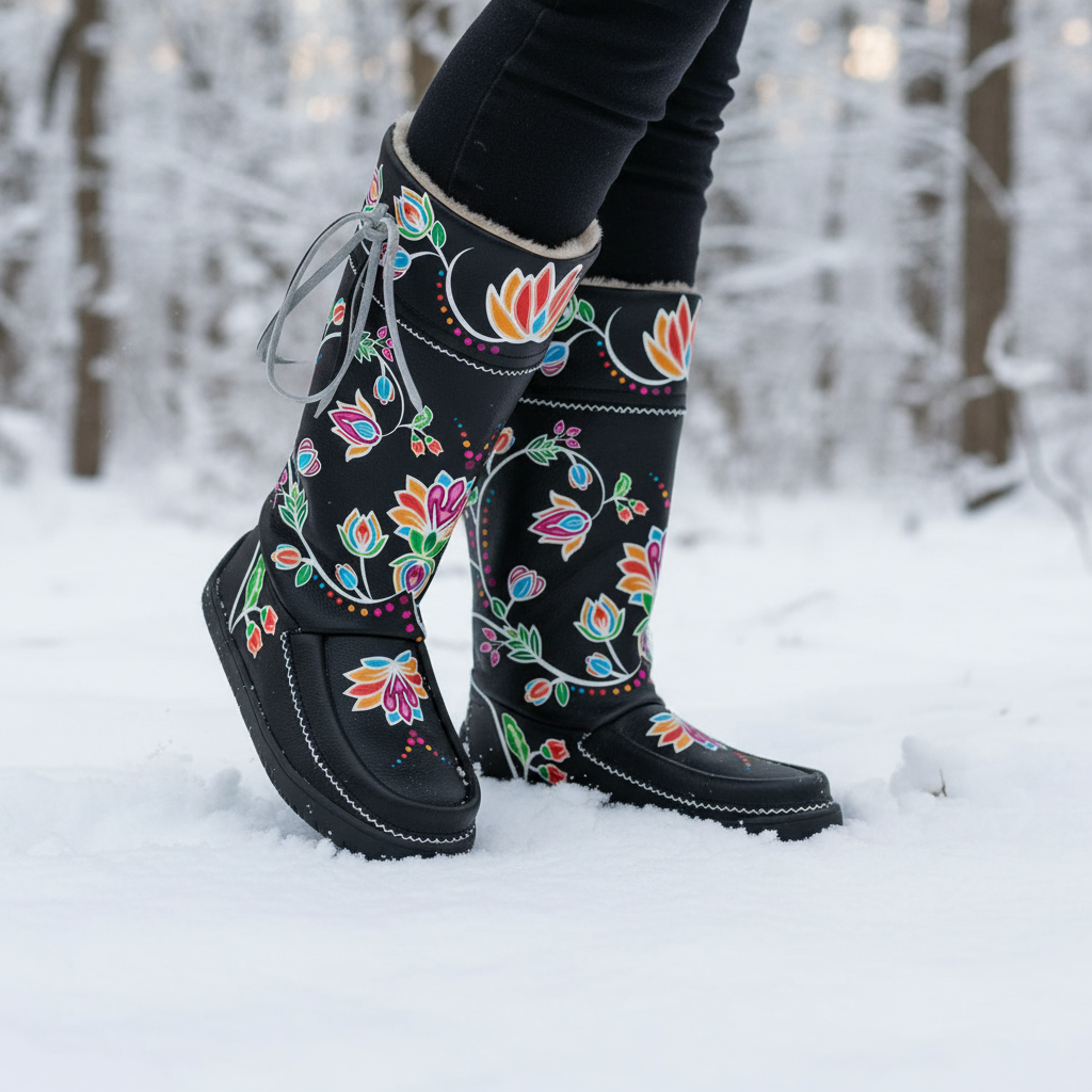 Waterbird Wildflowers Black Real Leather MocLux